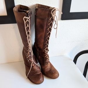 Frye Villager Lace High Leather Cognac Boots 9.5